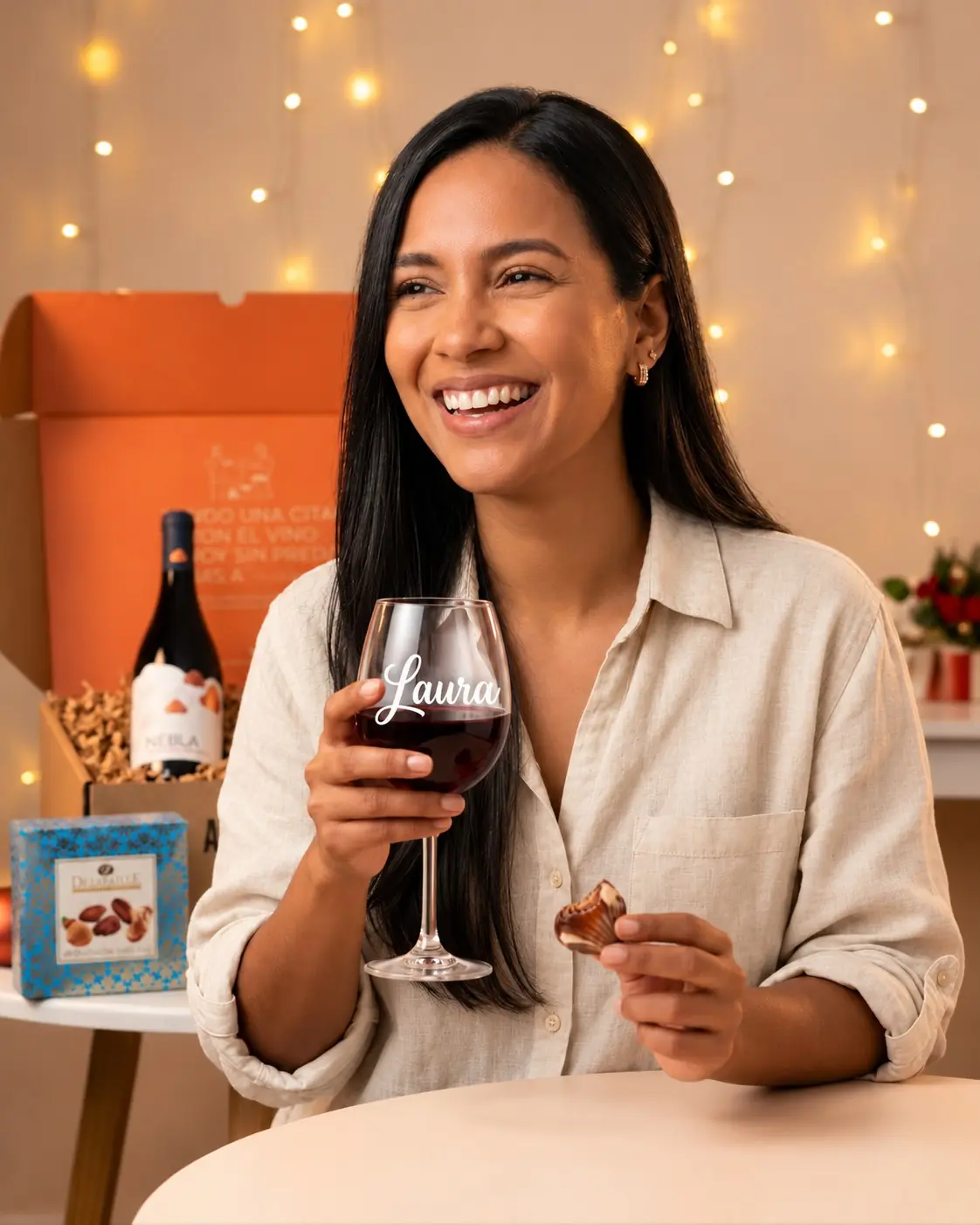 Laura ríe con su copa de vino con su nombre en una mano y un chocolate belga en la otra
